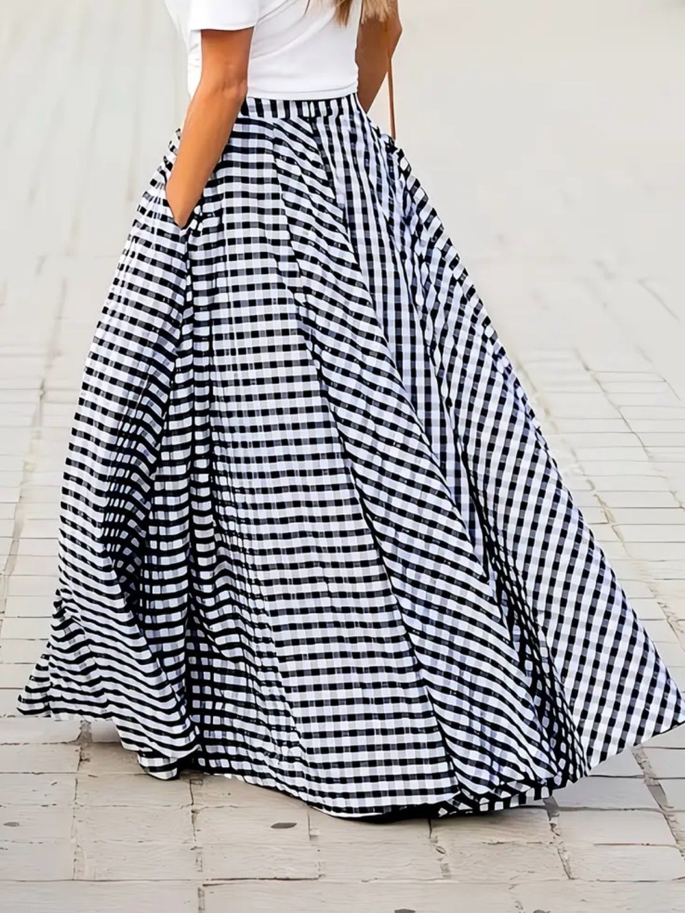 Navy & White Gingham Maxi Skirt — Flared High-Waist - Picture 2 of 6